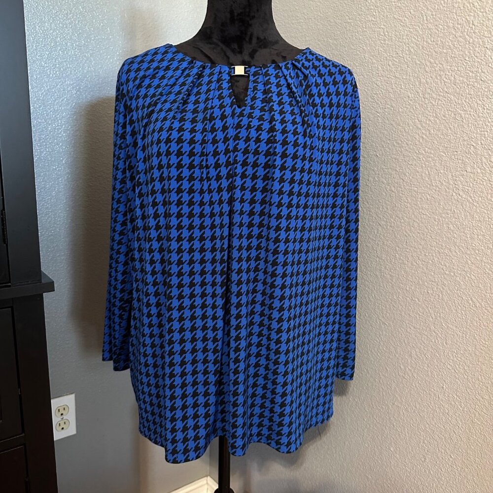 Jones‎ New York Signature Blouse XL Blue Black Houndstooth 3/4 Sleeve Keyhole